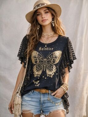 Anthropologie Pilcro Solstice Butterfly Graphic Tee Black Gold Lace S